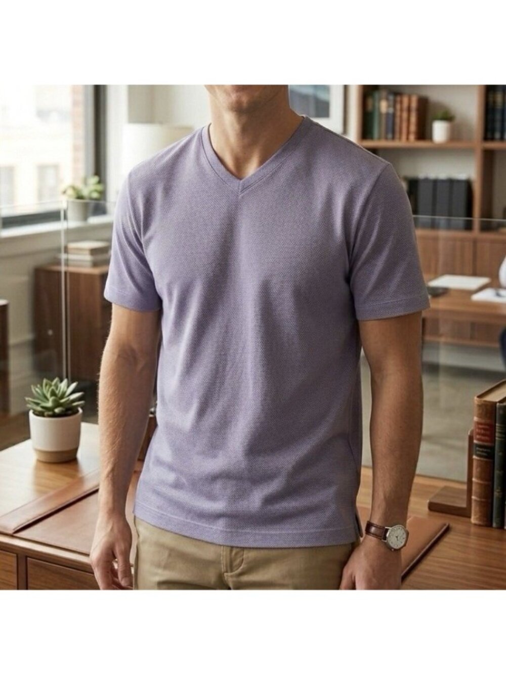 Saks Fifth Avenue Mens Textured V-neck T-shirt Size Small Lavender Preppy NWT